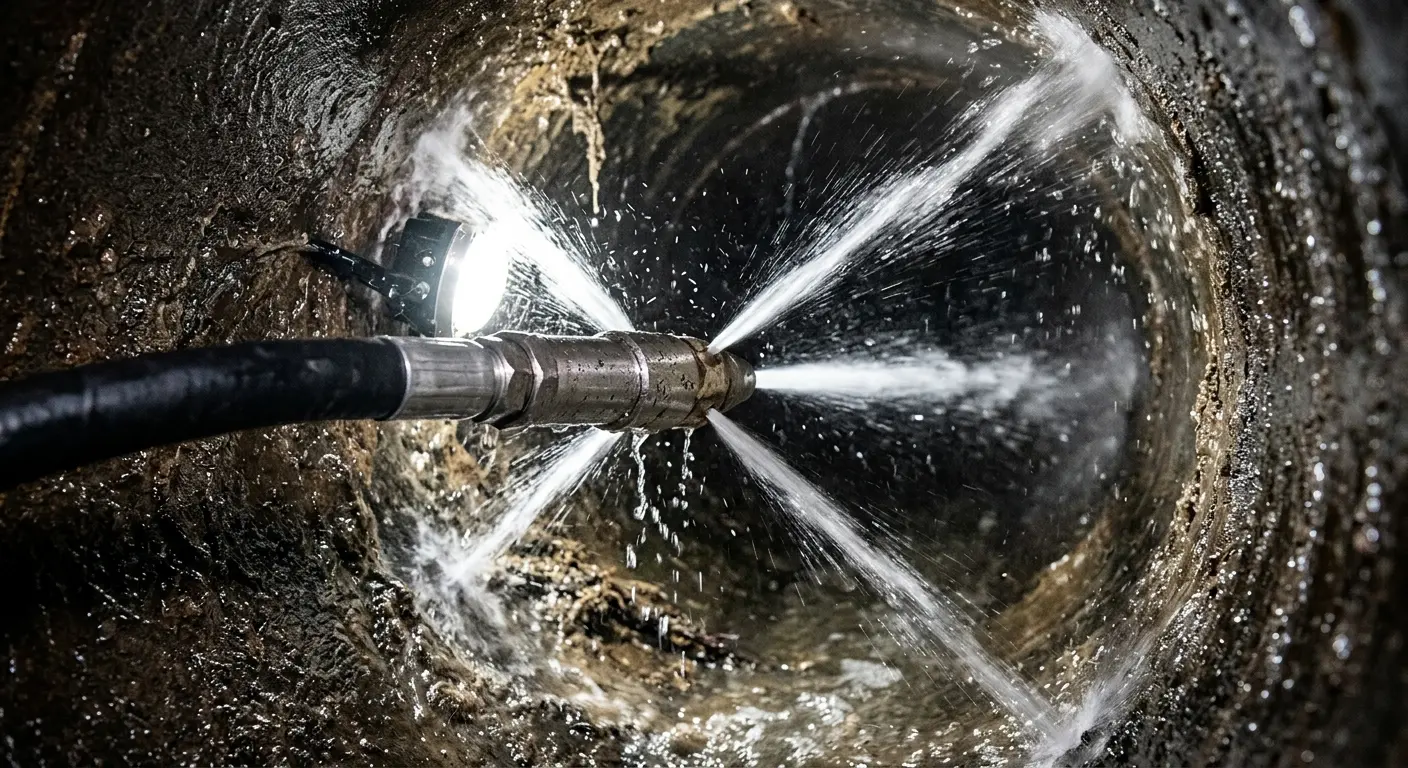 High-pressure hydro jetting nozzle cleaning sewer pipe for Sewer Cleanout in Tipp City