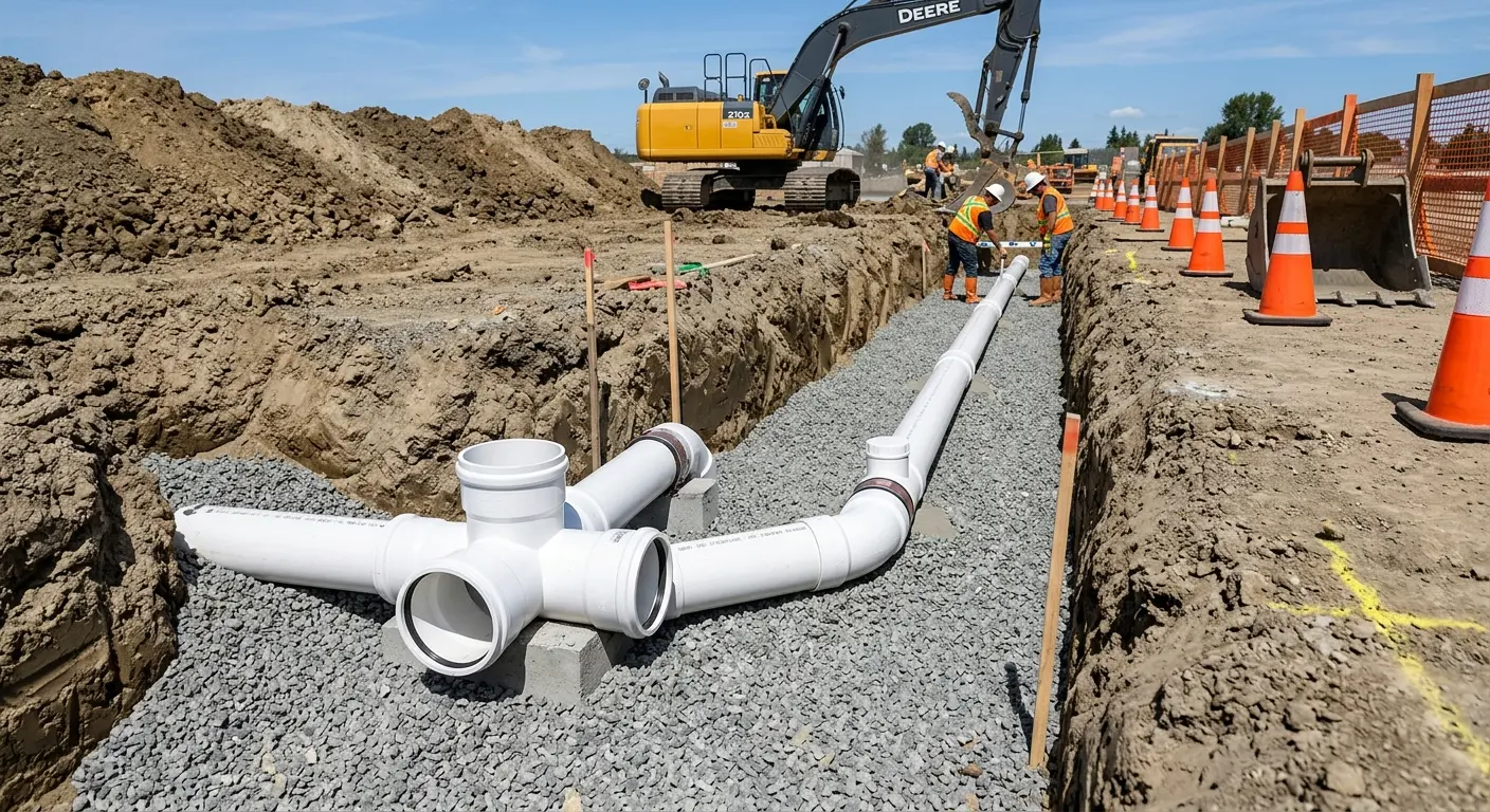 New PVC sewer pipe installation in open trench for Commercial Drain Cleaning in Tipp City