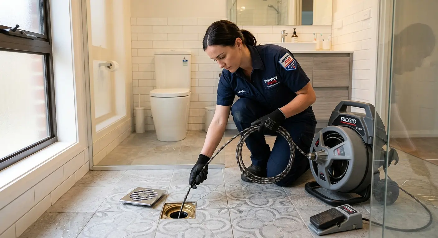 Technician clearing a bathroom floor drain for Sewer Line Replacement in Tipp City